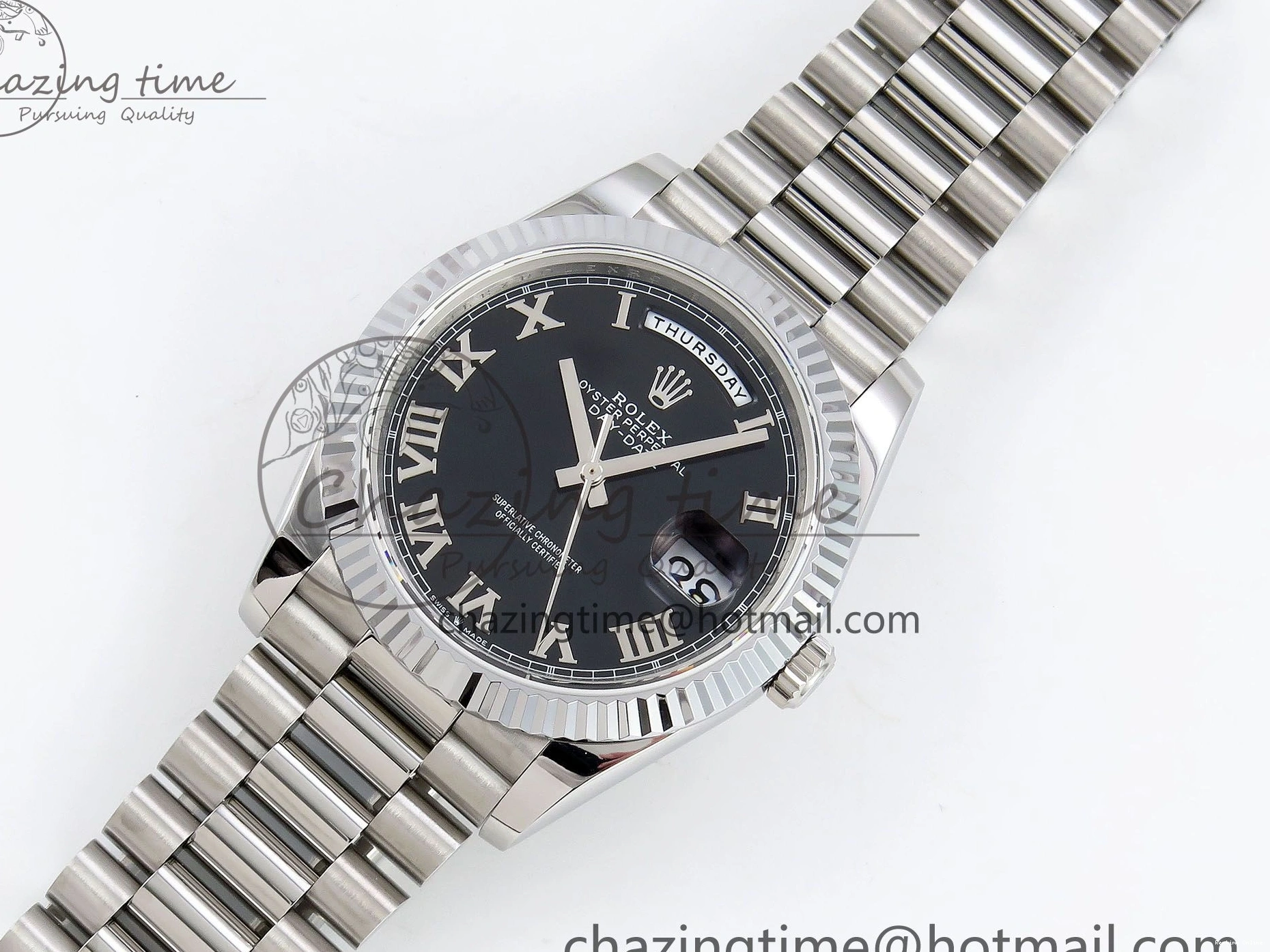 0213 Classic DayDate 40 SS JDF 904L Steel Black Roman Dial on President Bracelet VR3255 V3 (Gain Weight) 1434